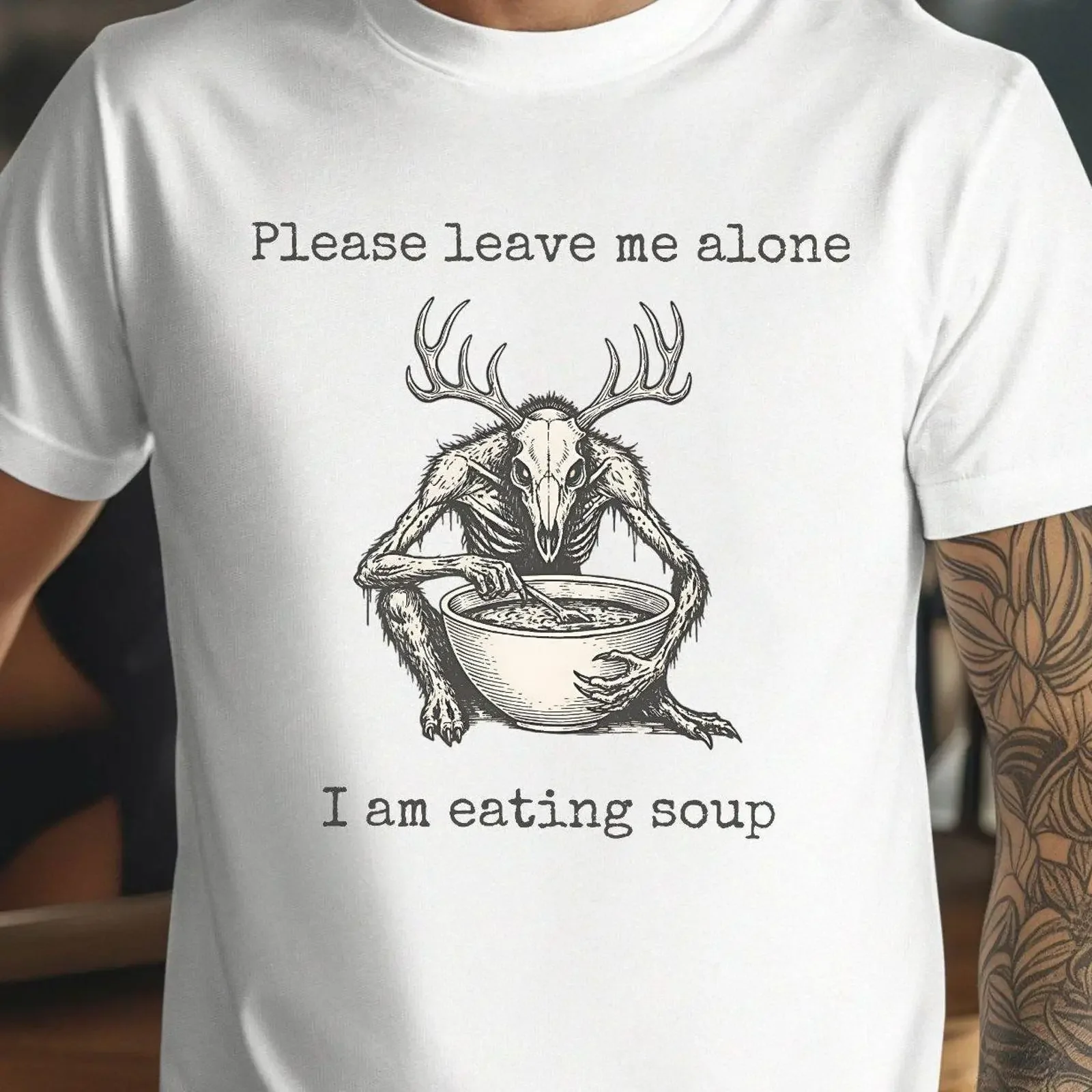 Wendigo Cryptid T Shirt Please Leave Me Alone I Am Eating Soup Funny Skinwalker Meme Birthday for Him Her vintage Washed