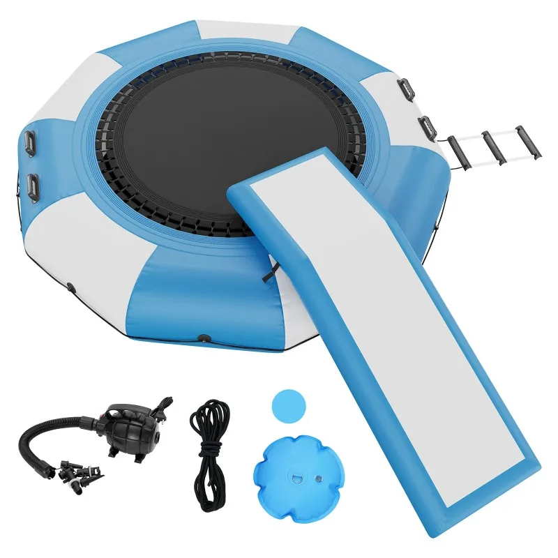 10ft Inflatable Water Bouncer Recreational Water Trampoline Portable Bounce Swim Platform with Slide 3-Step Ladder