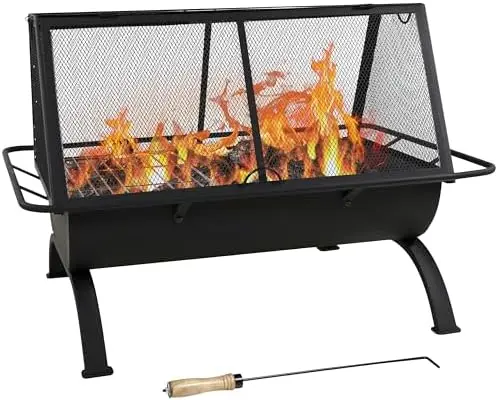 36-Inch Steel Outdoor Fire Pit with Grill - Outdoor Fireplace with Cooking Grate, Spark Sn, Cover, and Poker