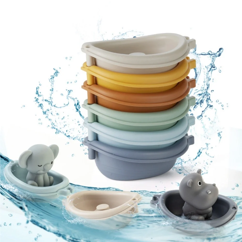 1 pièce de jouets de bateau flottant empilables pour salle de bain pour enfants pour nourrissons et jeunes enfants, bain et jouant dans l'eau, bateau empilable, ensemble de doigts d'animaux, jouets