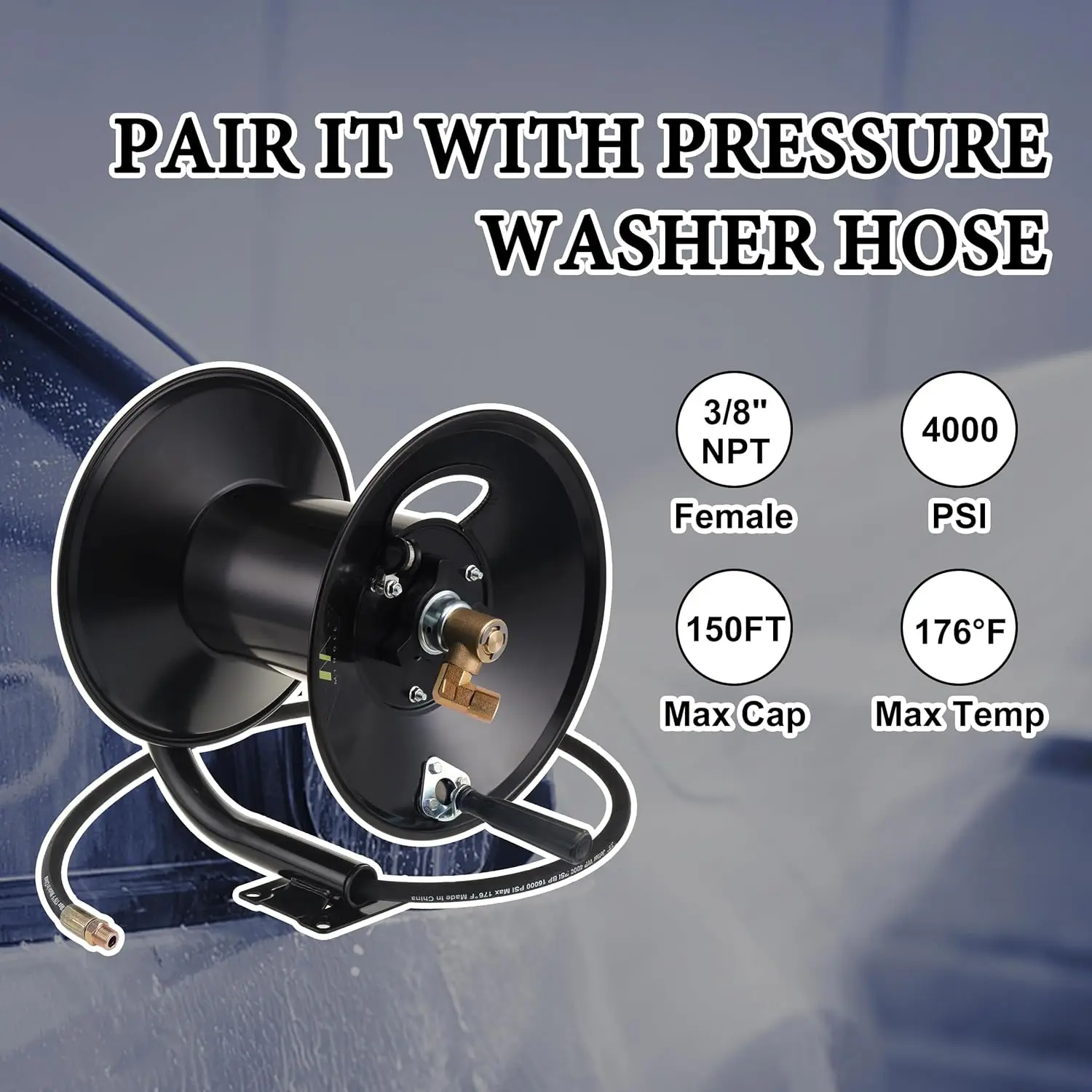 High Pressure Washer Hose Reel 150ft, Heavy Duty Steel Hose Reel, Manual Crank Power Washer Hose Reel with 3/8