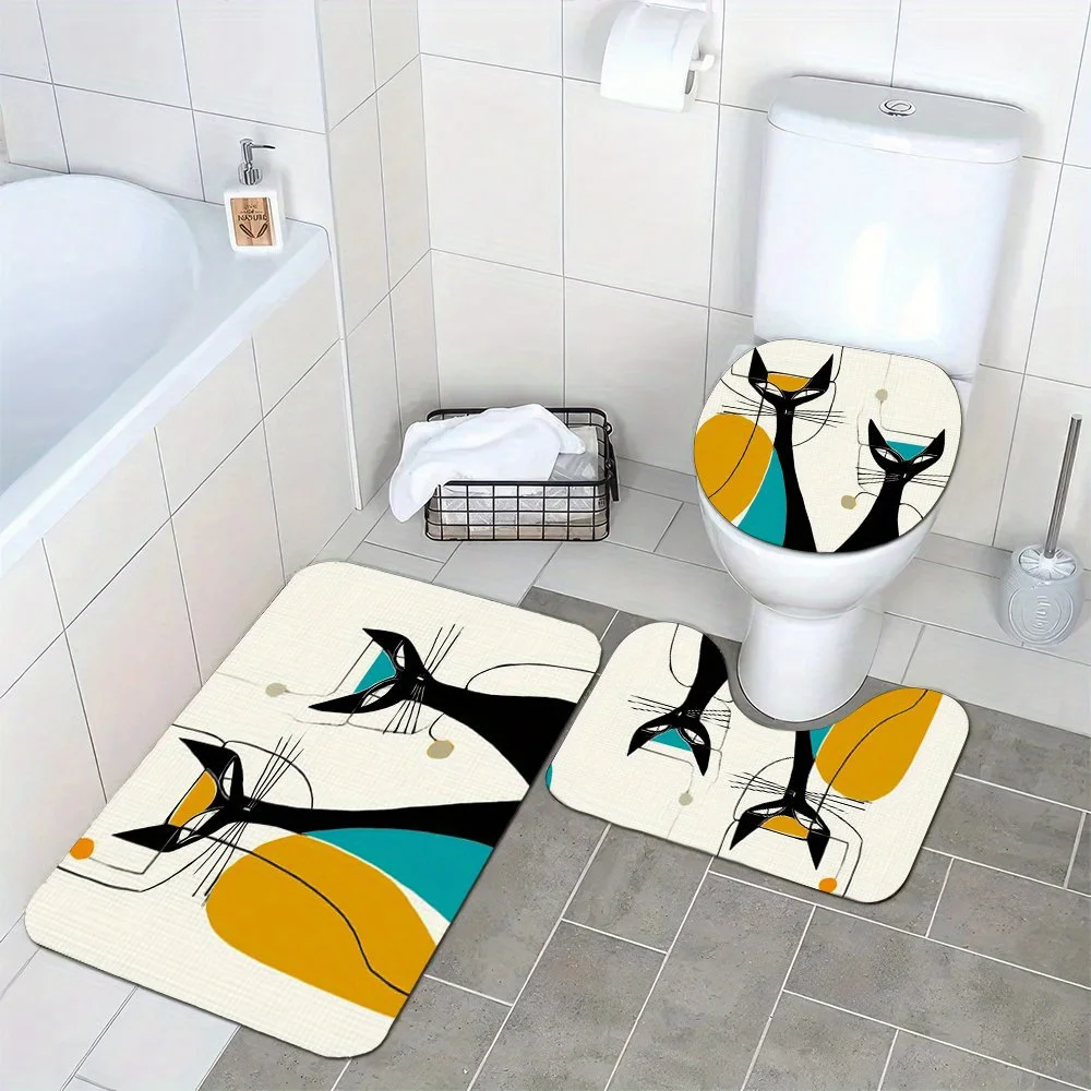 3pc Retro atomic black cat pattern bathroom set, U-shaped mat, non-slip mat, toilet seat cover, suitable for bathroom decoration