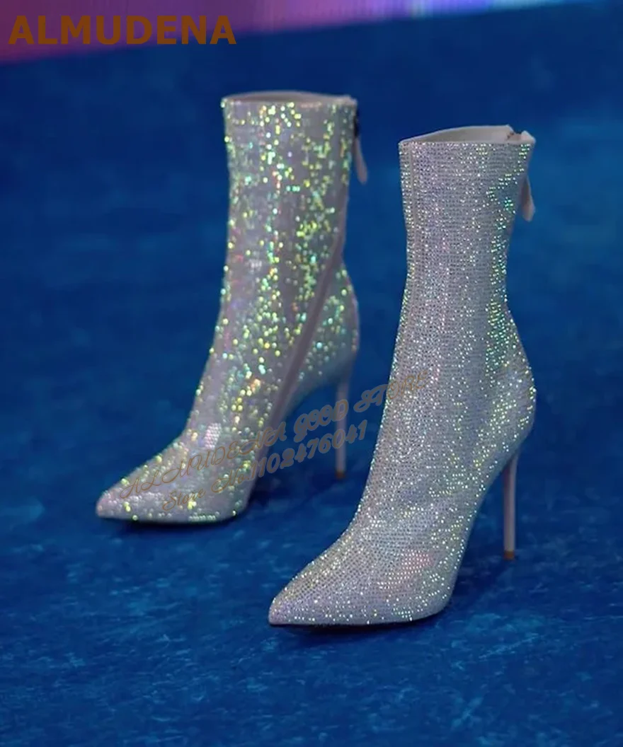 

ALMUDENA Silver Multi Crystal Ankle Boots Black Bling Bling Full Rhinestone Booties Thin High Heel Pointed Wedding Shoes