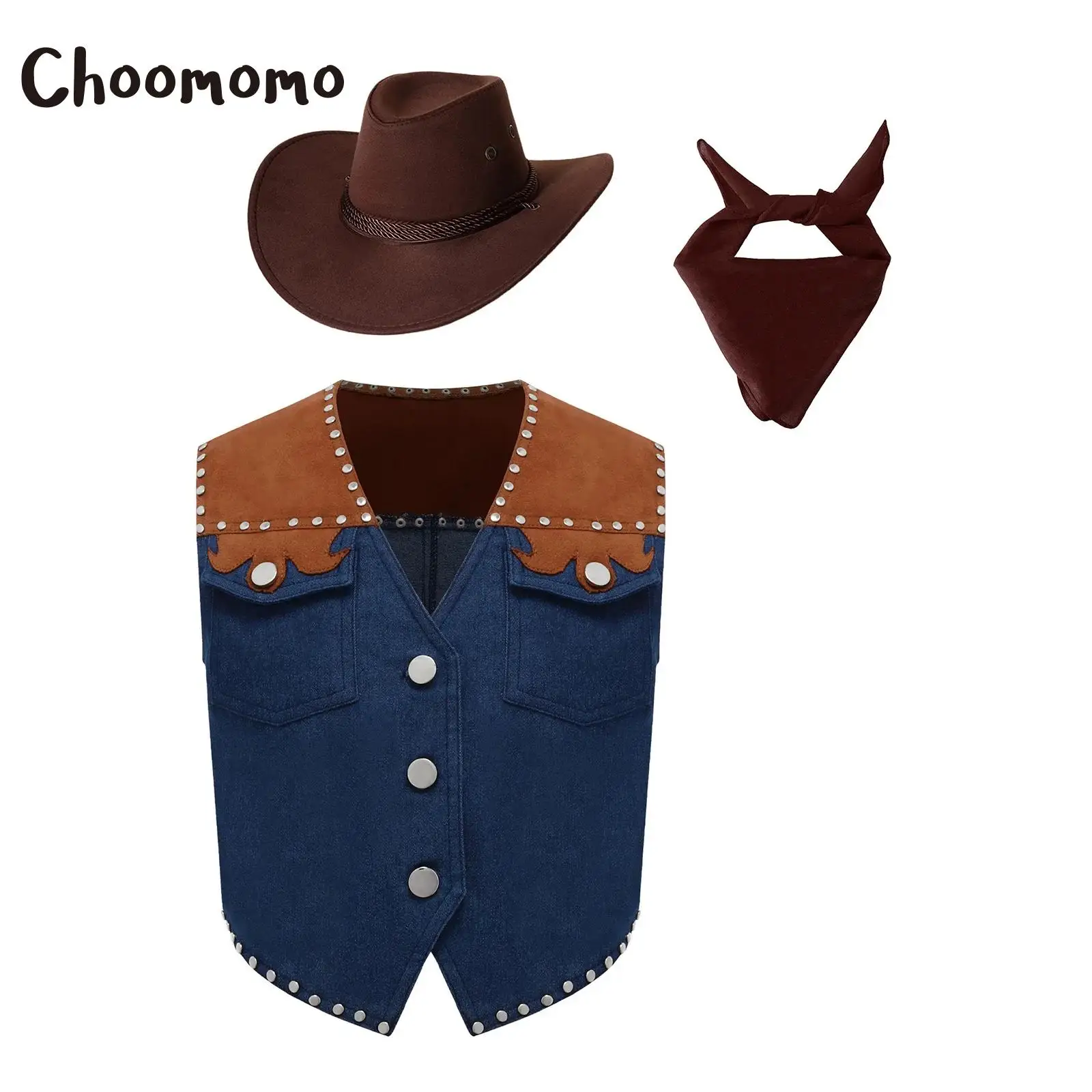 

Girls Boys Western Cowboy Costume Rivet Fringe Denim Cowboy Vest Cardigan Tassels Waistcoat +Hat Bandana Set Halloween Dress Up
