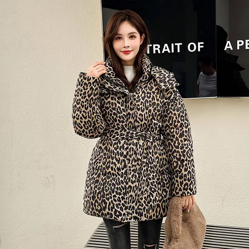 

Detachable Hat Thiened Women's Cotton Padded Coat Belted Mid-Length Leopard Print down Jaet Korean Sle Loose Fit Long S...
