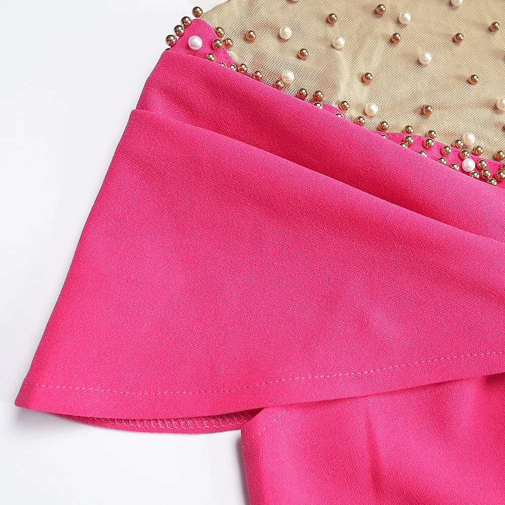 Elegant African Bodycon Dresses for Women O Neck Short Sleeve Beaded Side Split Business Work Dress Midi Female Cloth Customized