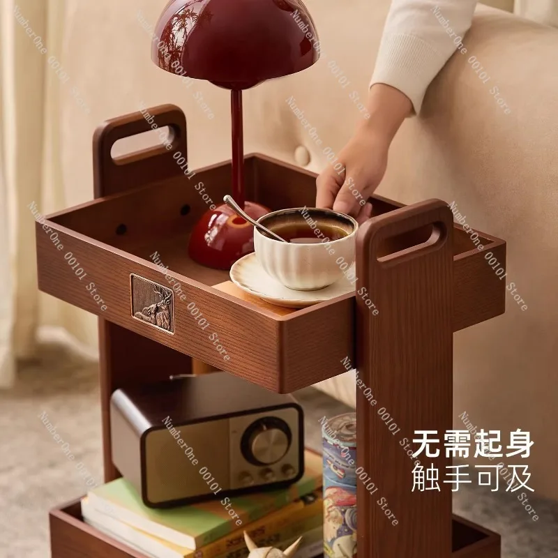 Solid Wood Rolling Snack Storage Cart Layered Floor Standing Organizer Rack Mobile Under Table Bookshelf School Bag Sundries
