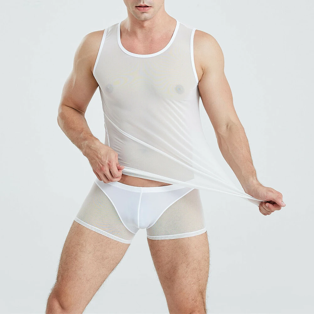 Camisetas sin mangas de malla transparente para hombre, camisas sin mangas transparentes, Tops deportivos elásticos para gimnasio, chaleco de cuerda