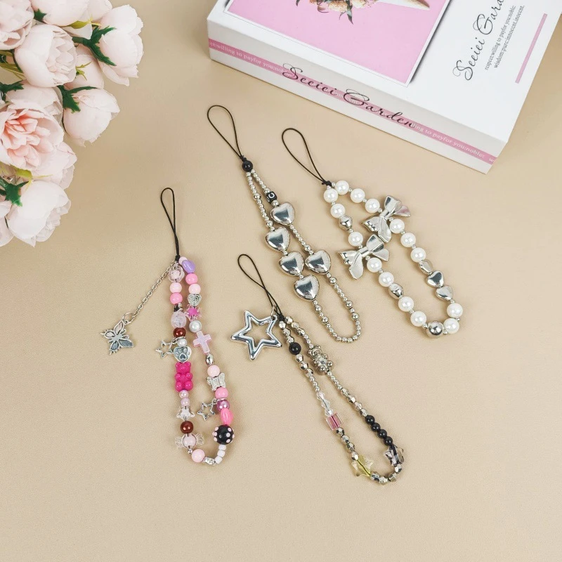 Korea Cute Charm Love Heart Bowknot Phone Chains For Women Girl Telephone Jewelry Strap Beaded Lanyard Hanging Cord Accessories