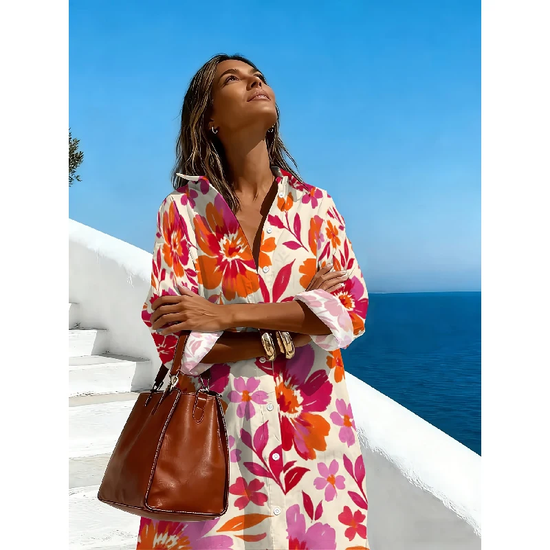 

Women's Casual Colorful Printed Design Long Sleeve Shirt Dress