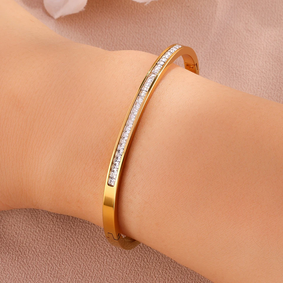 Yupsk 2 Stück/Set glänzendes Zirkonia-Armband-Set aus Kupfer und Edelstahl für Damen und Herren, modische trendige Armreifen, Schmuck, Geschenk – Detail 9