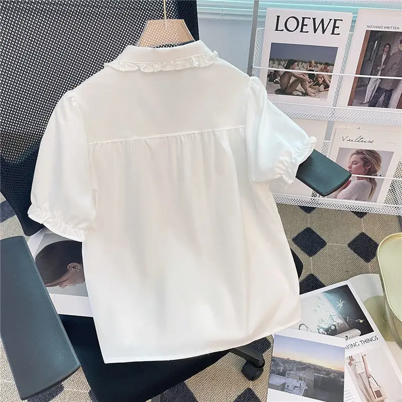 White Shirts Women Peter Pan Collar Puff Sleeve Simple Basic Korean Style Students Kawaii JK Summer Sweet Age-reducing All-match