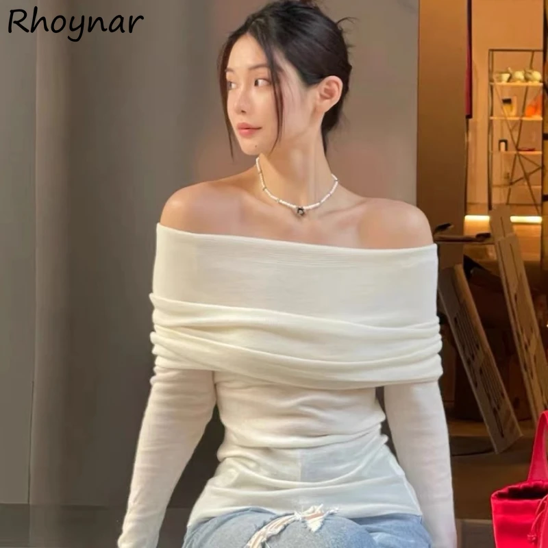 Solid Pullovers Women Spring Spicy Girls Off Shoulder Long Sleeve Slash Neck Slim Korean Fashion Simple Pleated Designed Chic