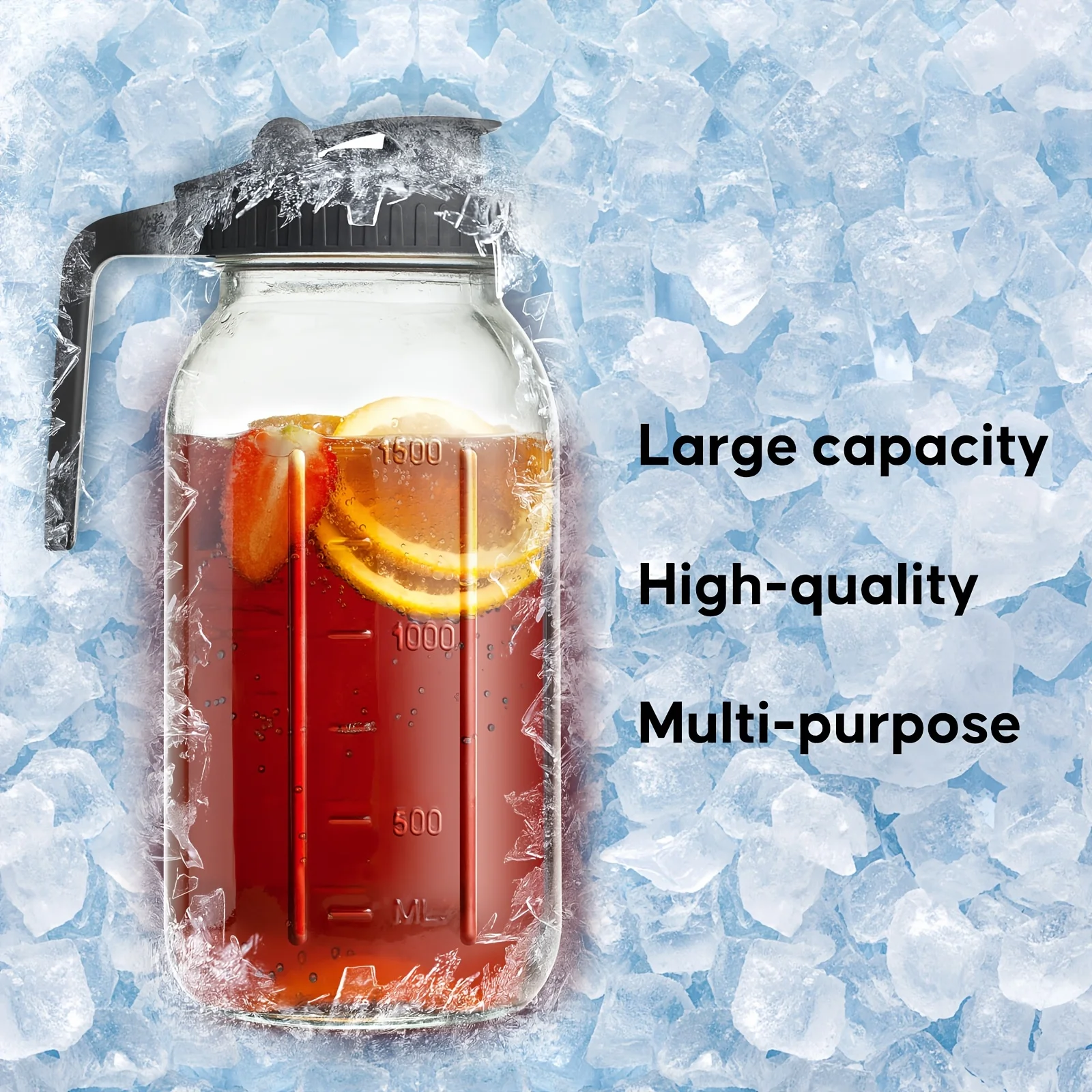 Jarra Mason de 64oz, jarra de vidrio con asa y tapa, jarra de agua de boca ancha para agua, jugo, leche, té, café helado, bebidas
