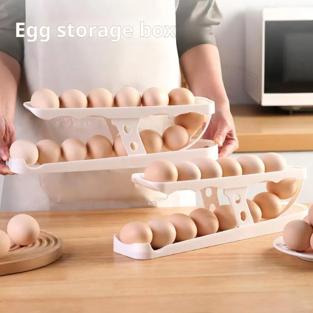 1/2 Pcs Refrigerator Egg Rack Two Tiers Automatic Rolling Kitchen Egg Organizer Refrigerator Side Door Egg Dispenser