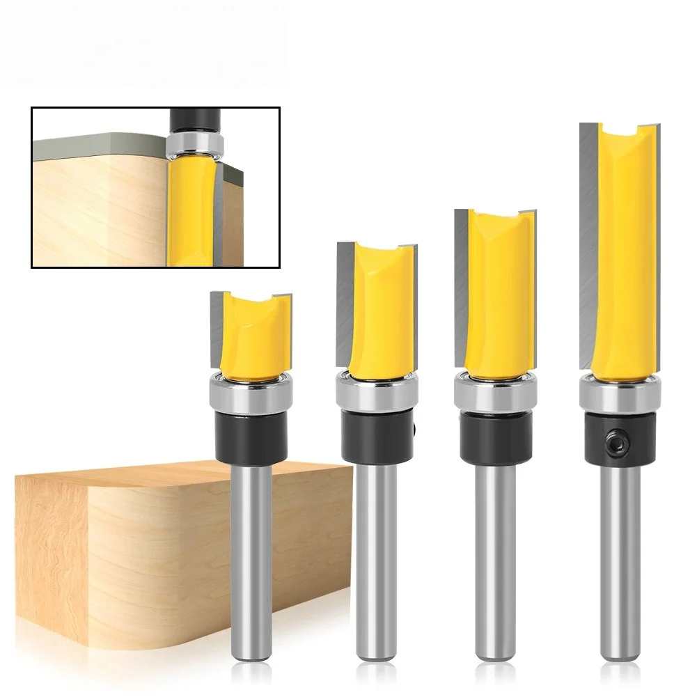 1/4Pcs Flush Trim Router Bit 1/4 6.35mm Shank Long Blade with Bearing for Wood Template Pattern Tungsten Carbide