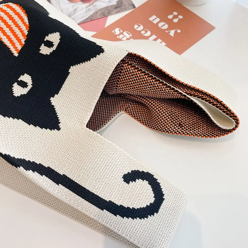 Handmade Cat Knit Handbag Women Mini Knot Wrist Bag Casual Color Tote Bag Student Reusable Shopping Bags