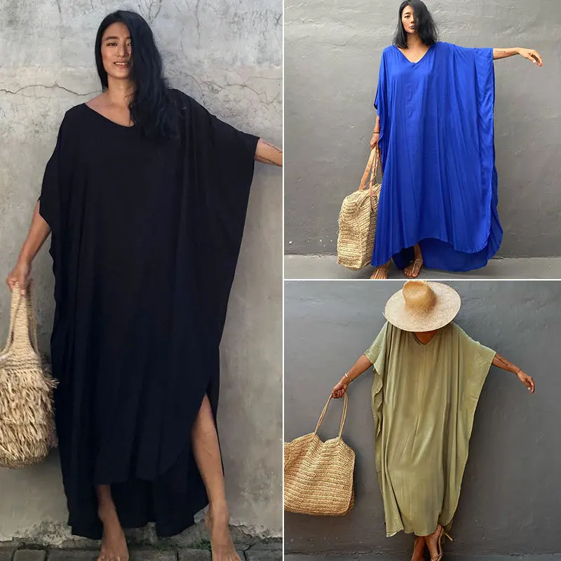 2023 Summer New Beach Cover Ups for Swimwear Women Kaftans Tunic Solid Maxi Dress Batwing Sleeve Beachwear Outfits Dropshipping