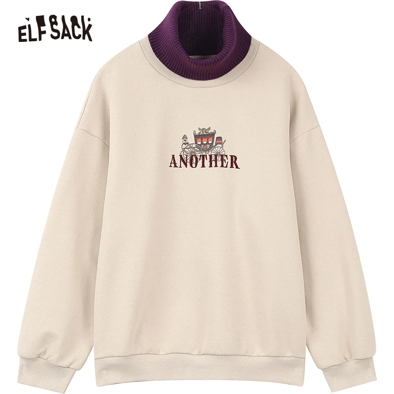 ELFSACK Korean Fashion Spliced Hoodies Women 2023 Winter High Collar Luxury Tops