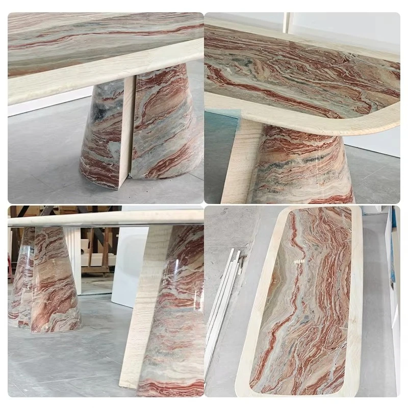 Luxury Rectangle Natural Red and Beige Marble Top Stone Base Dining Table for 4 Seats Villa Apartment Hotel Home Furniture