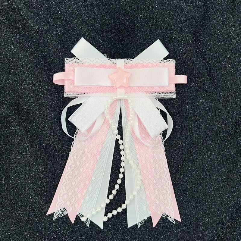 Girls' Lace Pearl Bow Concert Support Stick Pendant Lolita Cute Women's Dress JK Shirt Collar Bow Brooch Handmade Accessory
