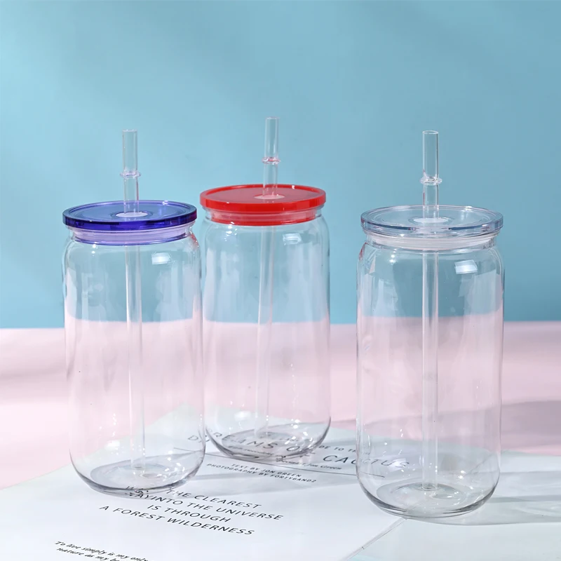 6Pcs Transparent Plastic Straw Cup With Colored Lid BPA Free Comes With Sreaw And Cup Lid Can Milk Coffee Throw-Proof 16 OZ