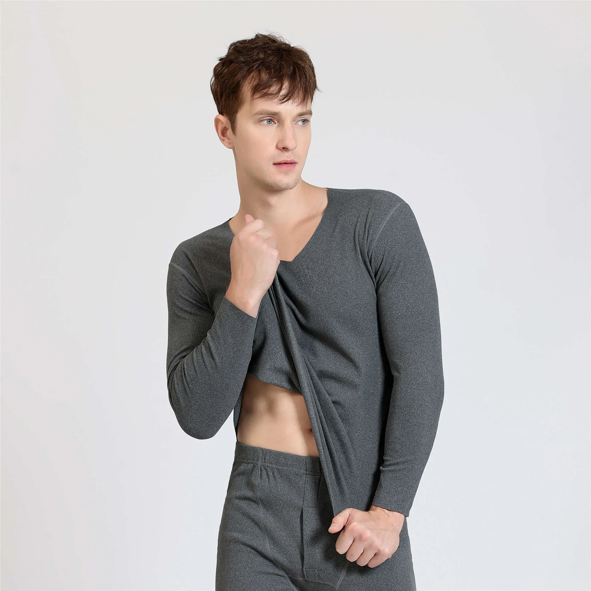 1pcs Autumn Winter Seamless Men\'s Long-sleeved Thermal Underwear Man Plus Size V-neck Thin velvet Autumn clothes Tops XL-7XL