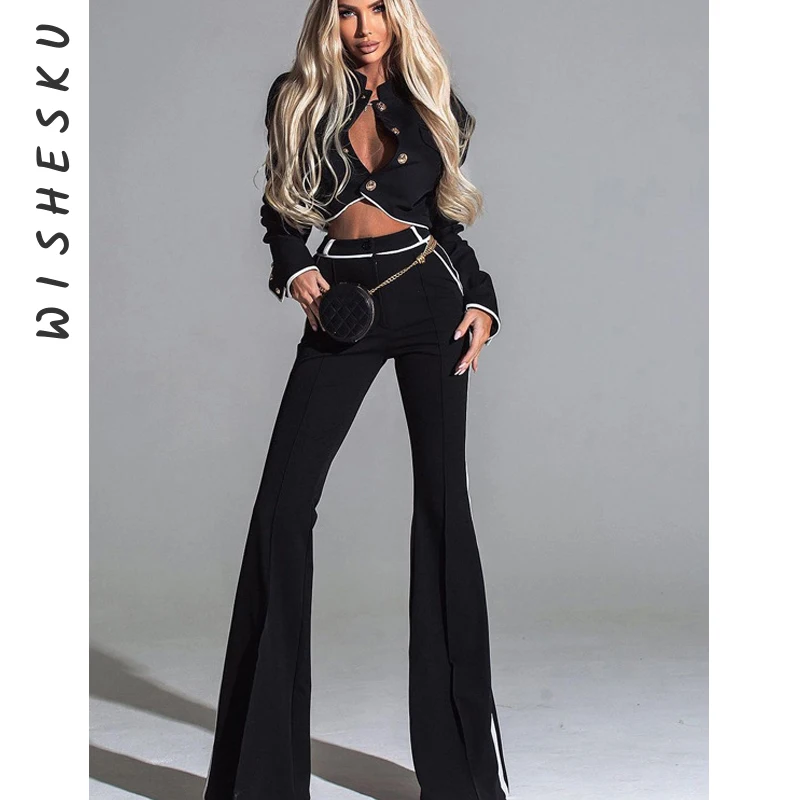 Elegant Black Patchwork 2 Piece Sets Women Outfit Fashion Long Sleeve Stand Collar Crop Shirts And Straight Trousers Sets