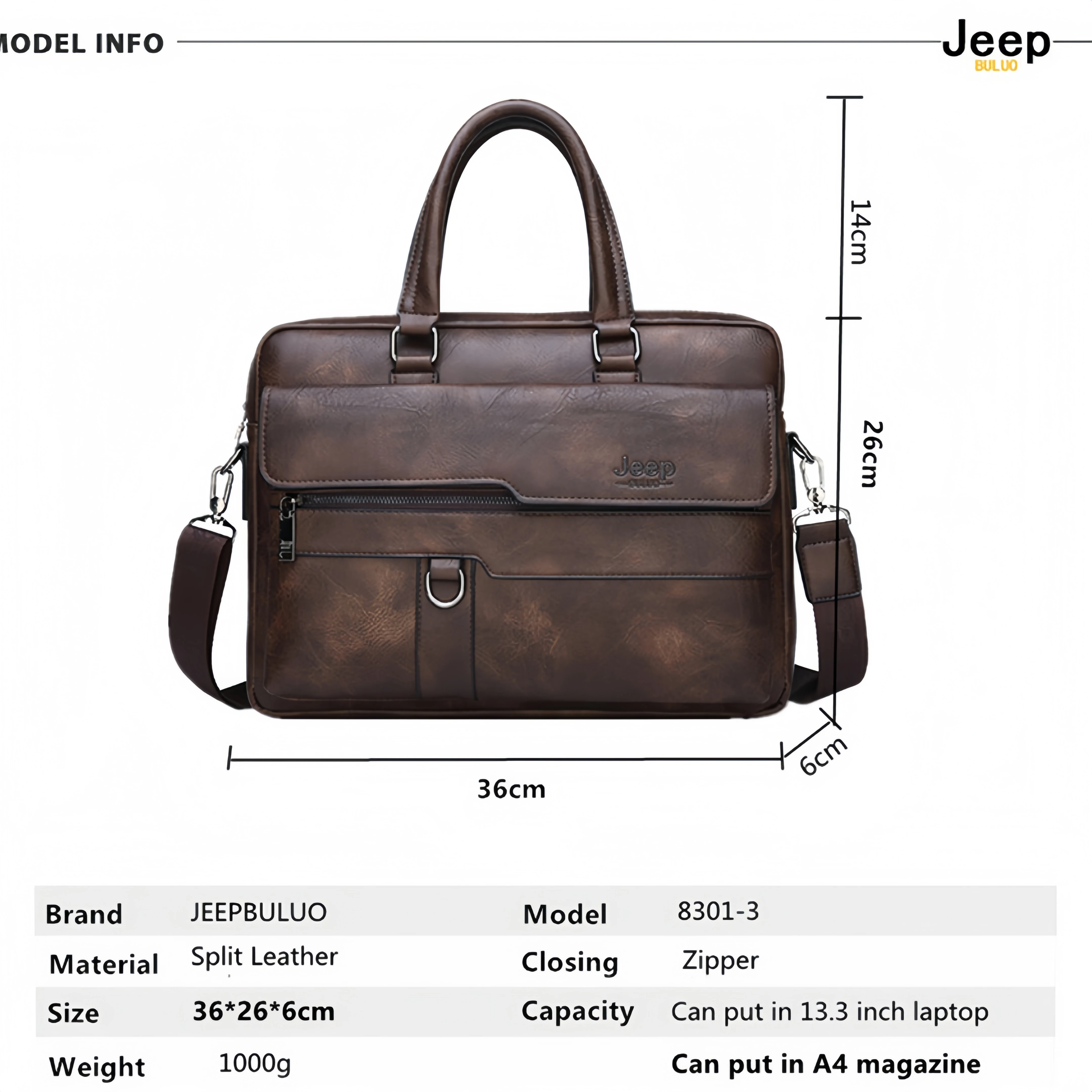 Jeep Buluo Mens Leather Briefcase Business Laptop Bag Casual Messenger Bag for Daily Use Work