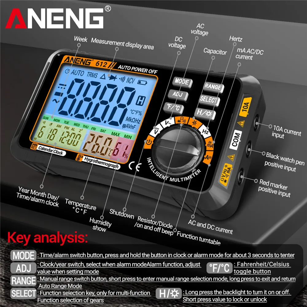 ANENG 612 스마트 디지털 멀티미터, AC DC 전류 전압 커패시턴스, 전문 측정 멀티메트로 테스트 도구