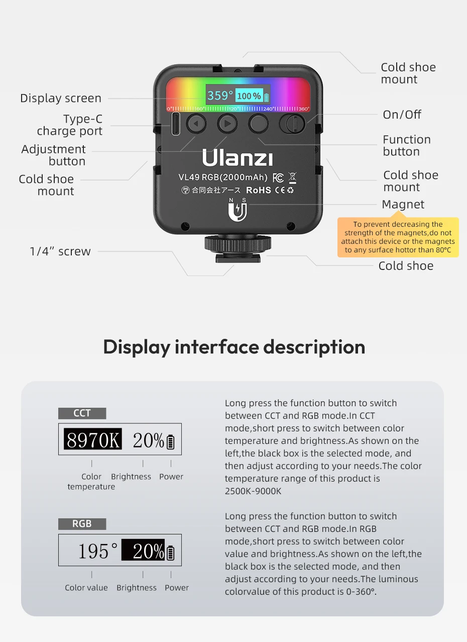 Ulanzi VL49 Vollfarb-RGB-LED-Videoleuchte 2500K-9000K 800LUX Magnetische Mini-Füllung 3 Kaltschuh 2000 mAh Typ-C-Kameralicht – Detail 17