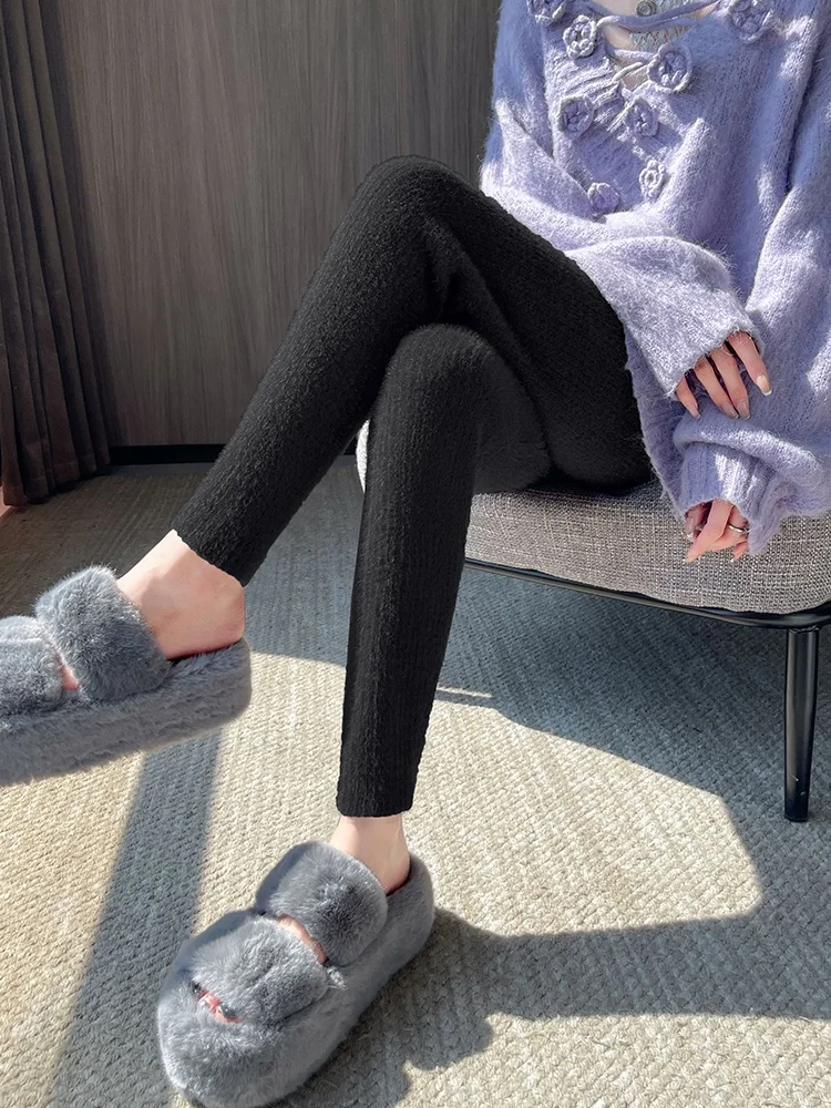 Mink FUR หนากางเกงขายาวผู้หญิงฤดูใบไม้ร่วงฤดูหนาวเอวสูงกระชับกระชับสัดส่วนขนาดเล็กสบายๆกางเกง