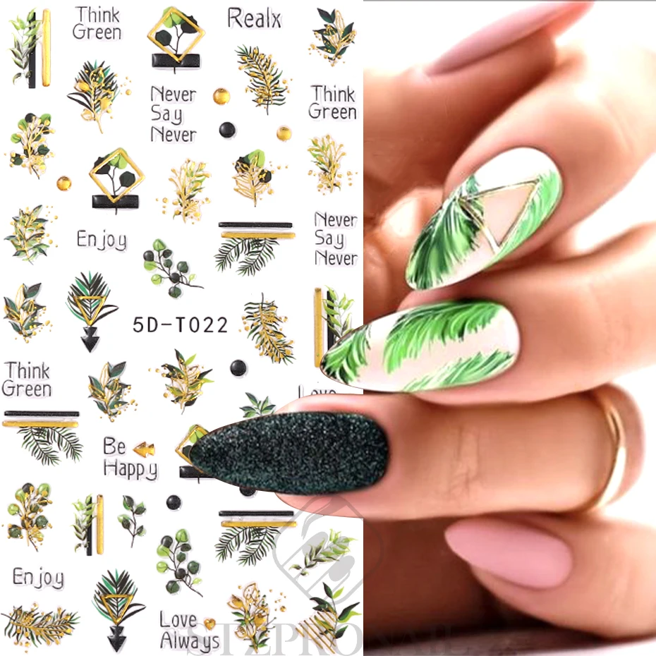 5D Bule Leaf Nail Sticker Holographic Banana Leaf Petal Flower Graffiti Geometric Line Slider Nail Art Accessories Tips JI5D-T