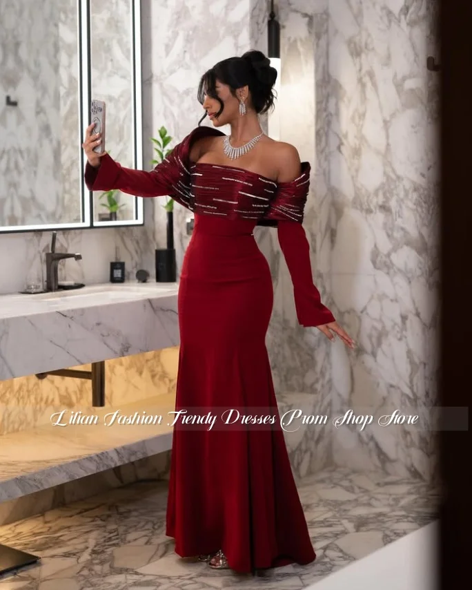 Maßgeschneidertes burgunderrotes Abendkleid aus dem Nahen Osten, schulterfrei, Ballkleid mit Kristallapplikation, formelles Anlasskleid, Hochzeitskleid