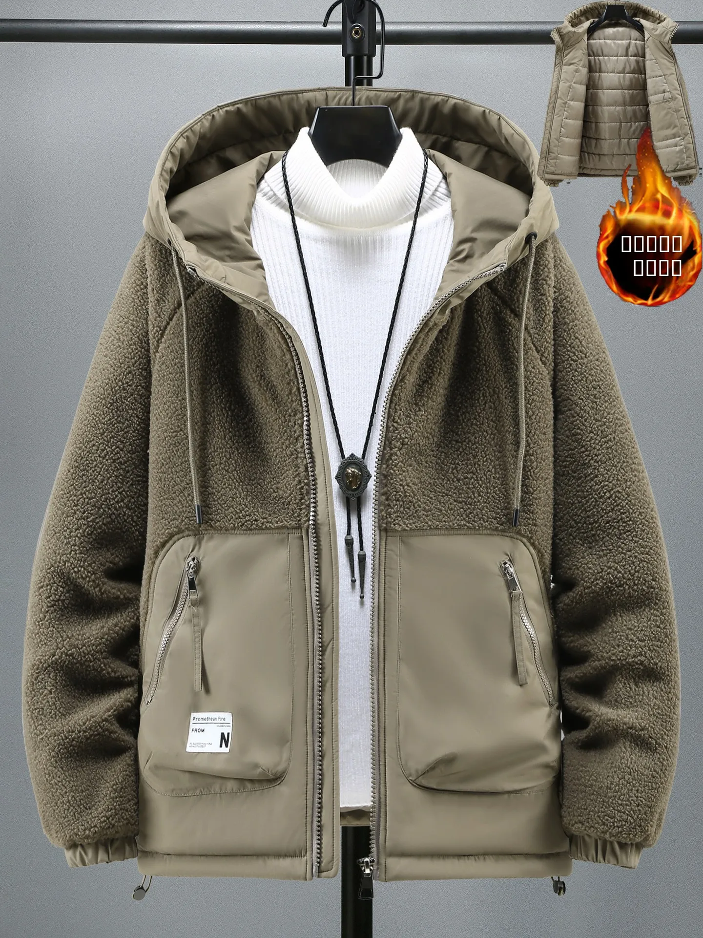 

Trendy Men's Cotton Jacket New Style Winter Fashionable Warm Hooded Fleece-Lined Thickened Zipper Closure Color Coat