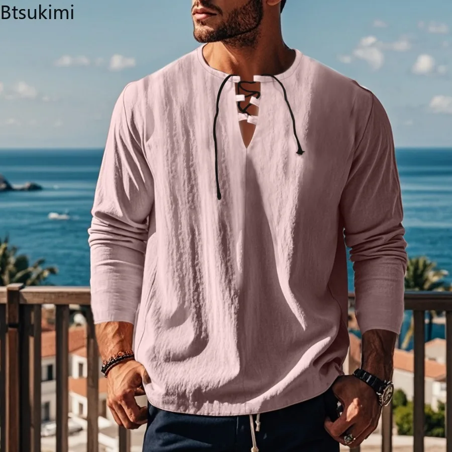 2026 Men's Renaissance Shirt Pirate Medieval Viking Top Solid Cotton Linen Beach Loaf Shirt Men Long Sleeved Halloween Costume