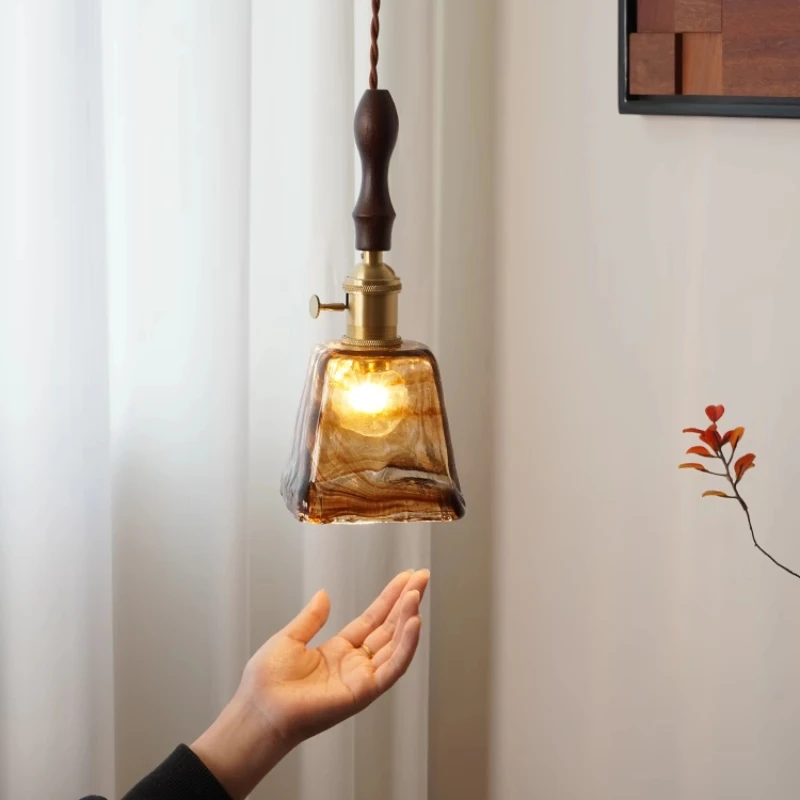 American Brass LED Ceiling Pendant Lights Square Amber Glass Chandelier Retro Living Room Restaurant