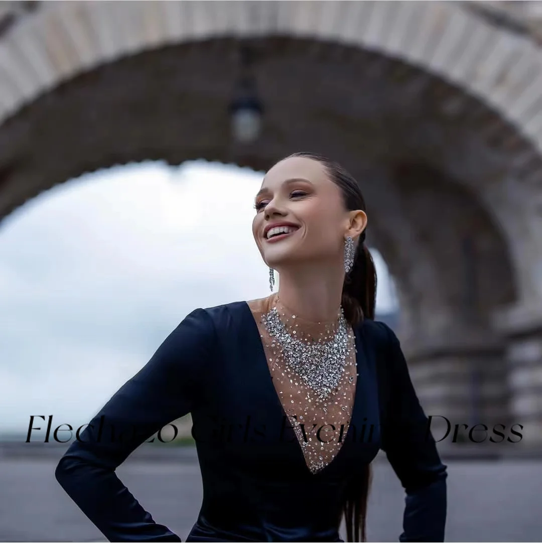 فساتين سهرة سوداء للنساء ، خرزات برقبة عالية ، أكمام كاملة كريستالية ، فستان حفلات مثير بفتحة #4