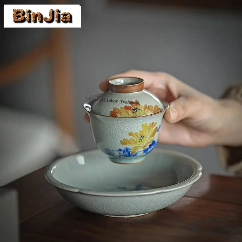 90ml Hand-painted Peony Ceramic Gaiwan Retro Ice Cracking Glaze Tea Tureen Household Tea Maker Cover Bowl Tea Services Craft