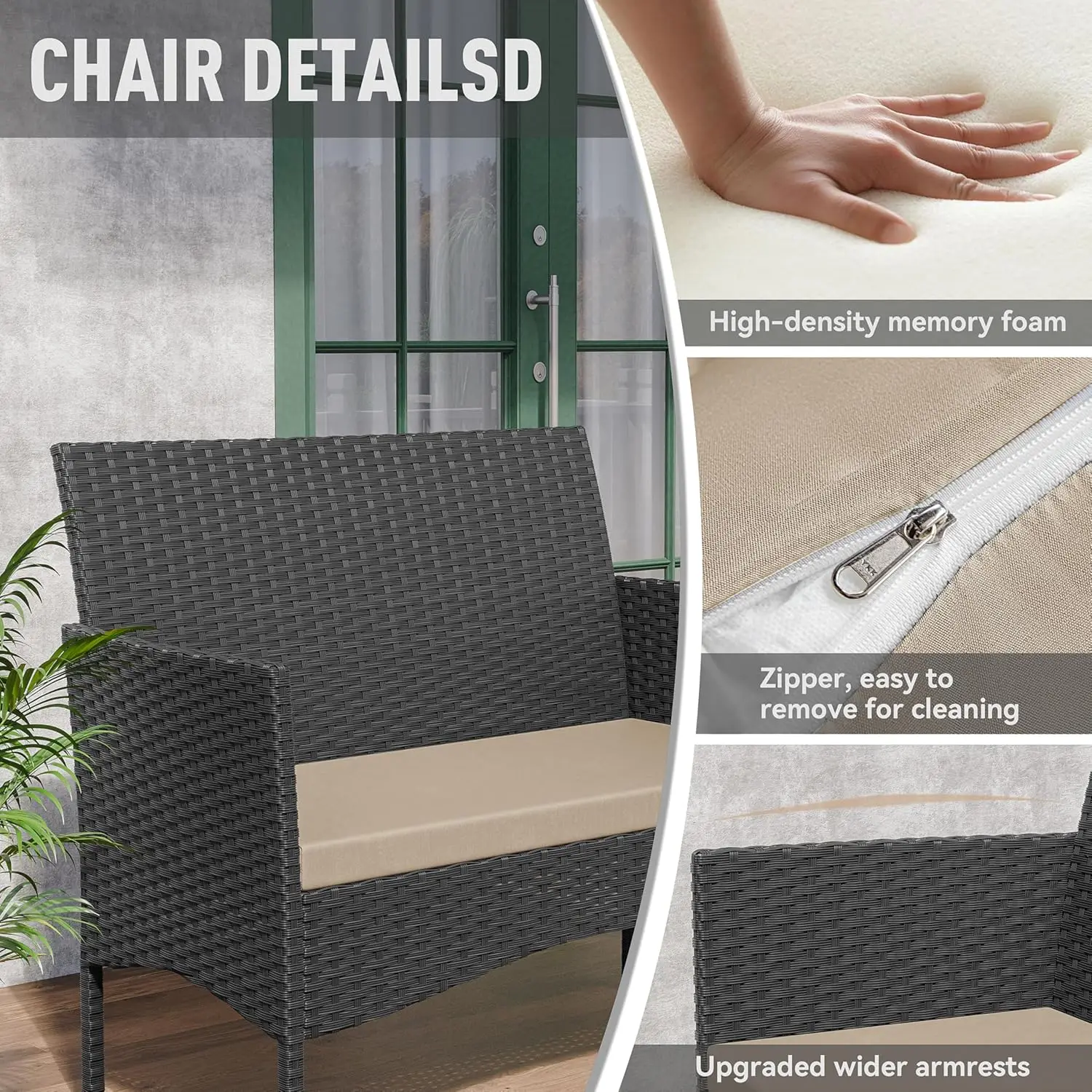 4-Piece Outdoor Wicker Rattan Conversation Set with Coffee Table, Rocking Bistro Chairs for Patio, Deck, Backyard