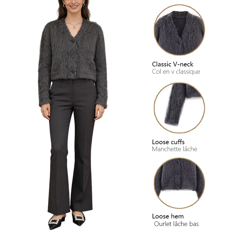 Woman Clothes Plush V Neck Cardigan For Women Single Row Black Buttons Short Length Soft And Casual Long Sleeve Top For Work