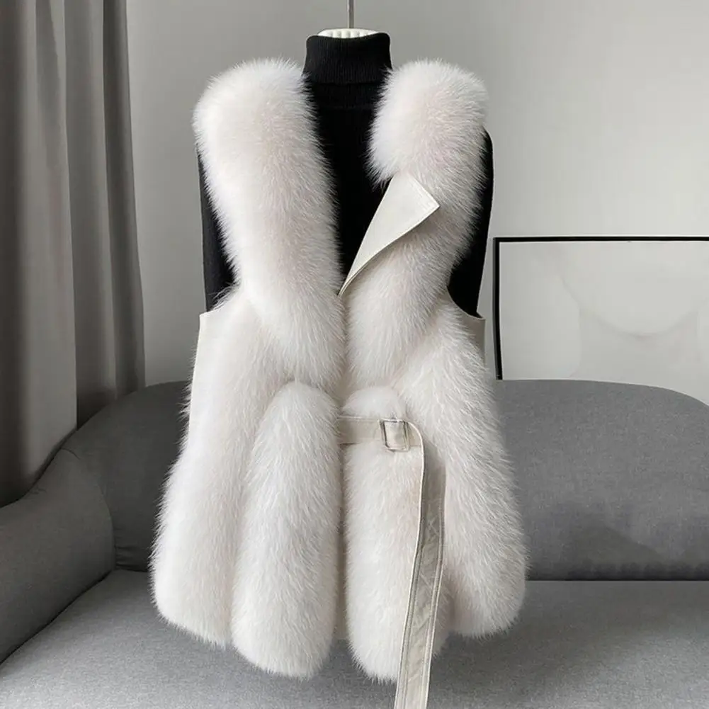 Women Winter Vest Fluffy Faux Fur Women\'s Winter Vest Coat with Button Closure Belt Decor Windproof Warm Waistcoat with Faux