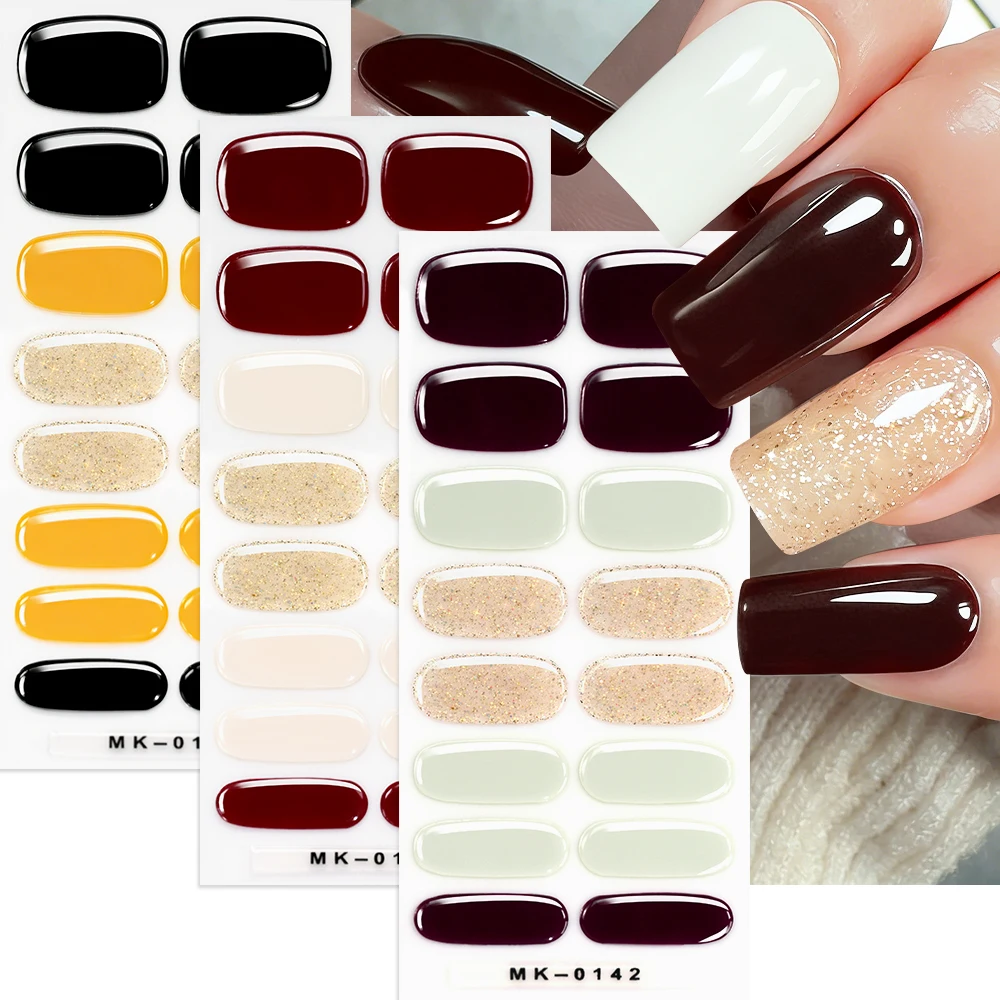 1PC 3D Effen Kleur Met Glitters UV-Vrije Gel Nagelwraps Herfst Winter Macaron Waterdichte Adhesieve Nagelstickers Semi-gecureerde Nagelsliders