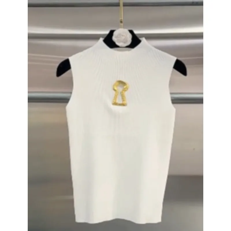 

Niche Solid Spliced Metal Buckle Slimming T Shirts Women Turtleneck Sleeveless Minimalist T Shirt Female Fashion New Summer Top