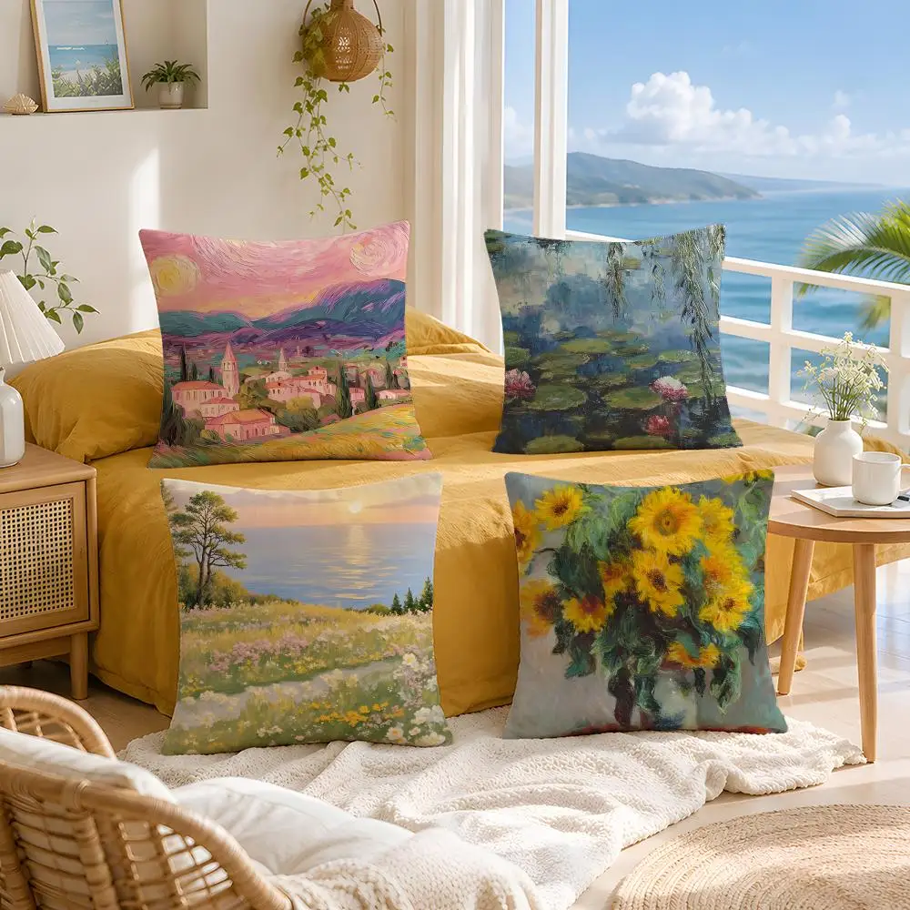 Artist Monet Cushion Cover Throw Pillow Short Plush Fresh Natural Cushion for Living Room Sofa Ornament Present Gift