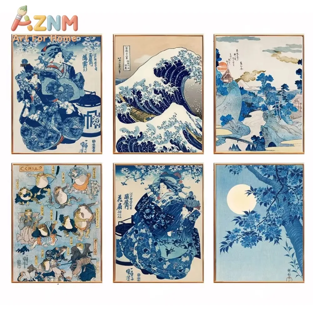 

1/6 шт. Японские выставочные постеры и принты Кацусики Хокусая, картины на холсте, настенное искусство, изображение синих волн для гостиной