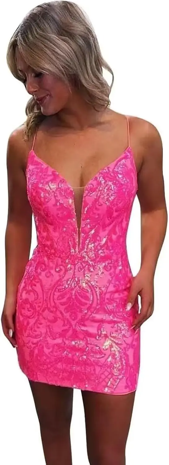 

Мини-платье для встречи выпускников выше колена с пайетками, короткое блестящее мини-платье на тонких бретельках с v-образным вырезом для подростков IMC023