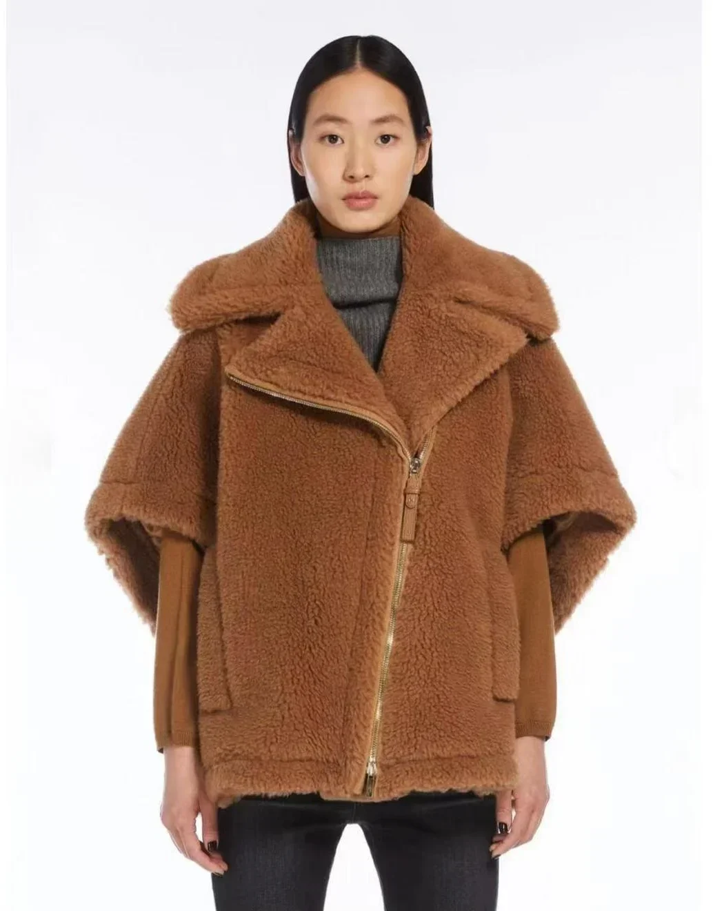 Teddy Bear Shawl Female Autumn Winter Camel Jacket Gray Sheep Wool Coat Lapel Short Alpaca Silk High-end Fashion Jacket