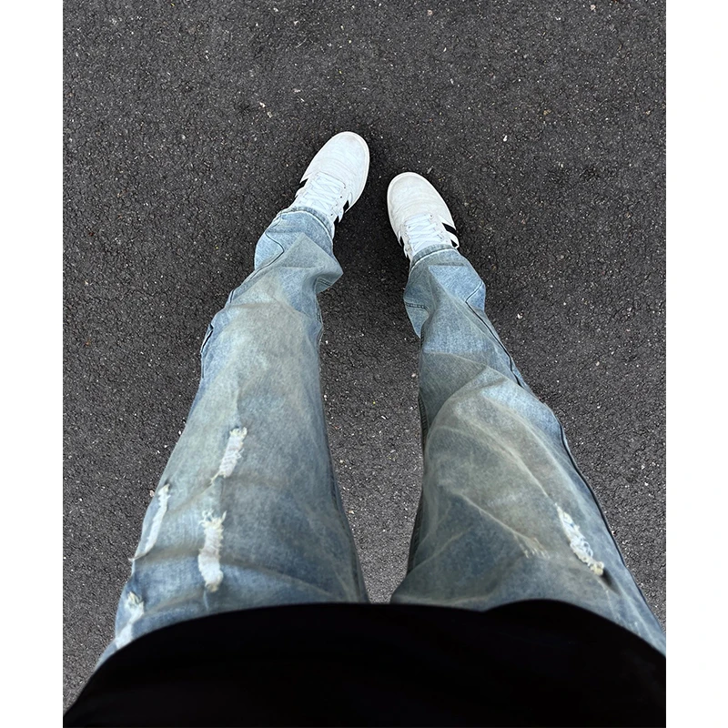 

Light Blue Men's Jeans Summer High Street Waed Straight Leg Torn Denim Pants Cleanfit Cool Trendy Straight Tube Long Trousers