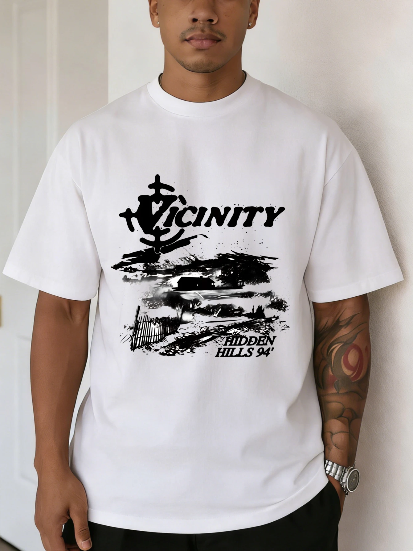 

Mens Oversized Cotton Streetwear Graphic T Shirt - Vicinity Hidden Hills Printed Short Sleeve Summer Casual Tee for Men
